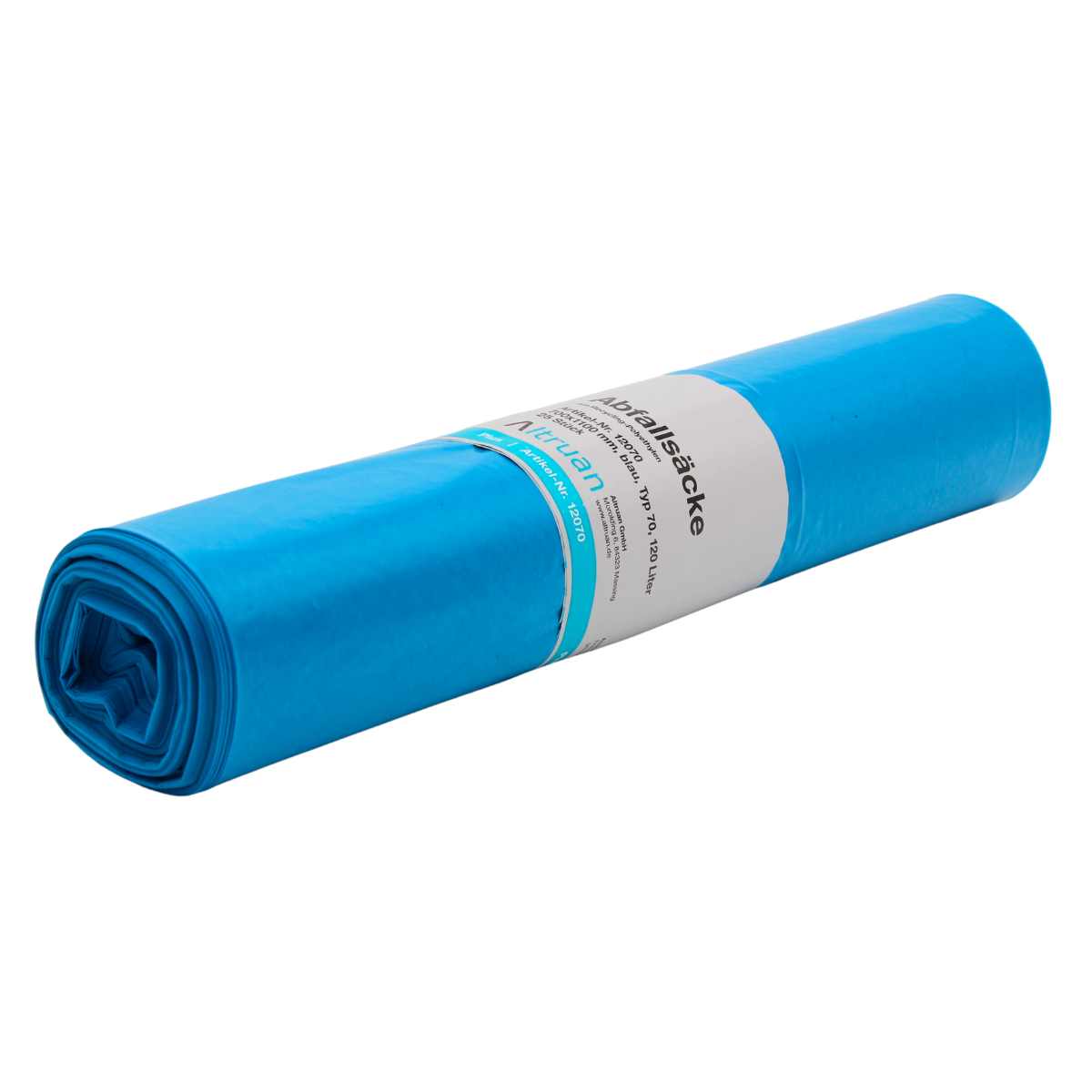 An Altruan trash bag 120 liters type 70, 12070 Premium, blue with white label, made from recycled LDPE, isolated on white background.