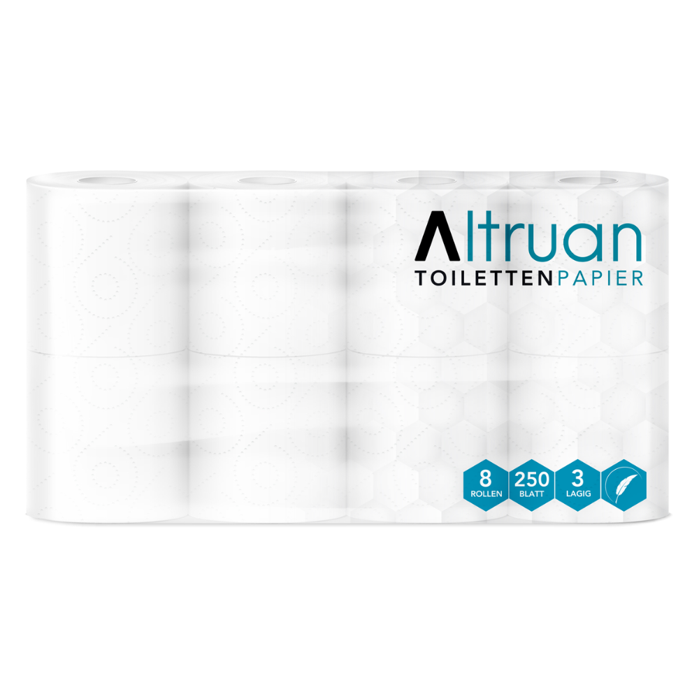 A packaged set with 8 rolls of the brand “Altruan Toilet Paper” from Meditrade GmbH. The packaging indicates that each roll consists of 250 sheets of 3-ply, white toilet paper made from 100% cellulose.