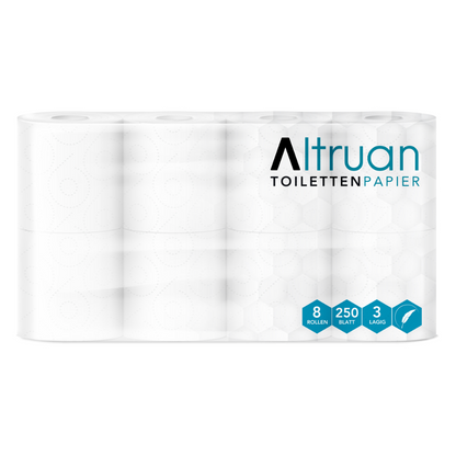 A packaged set with 8 rolls of the brand “Altruan Toilet Paper” from Meditrade GmbH. The packaging indicates that each roll consists of 250 sheets of 3-ply, white toilet paper made from 100% cellulose.