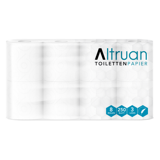 Ein verpacktes Set mit 8 Rollen der Marke „Altruan Toilettenpapier“ der Meditrade GmbH. Auf der Verpackung ist angegeben, dass jede Rolle aus 250 Blatt 3-lagigem, weißem Toilettenpapier aus 100 % Zellstoff besteht.