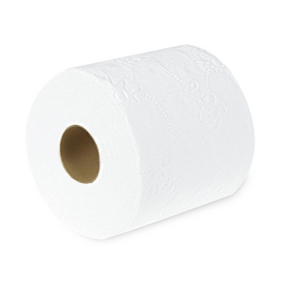 Pictured is a single roll of Altruan Toilet Paper, 3-ply, white from Meditrade GmbH. A pattern is embossed on the paper of the roll and the inner cardboard roll is visible.