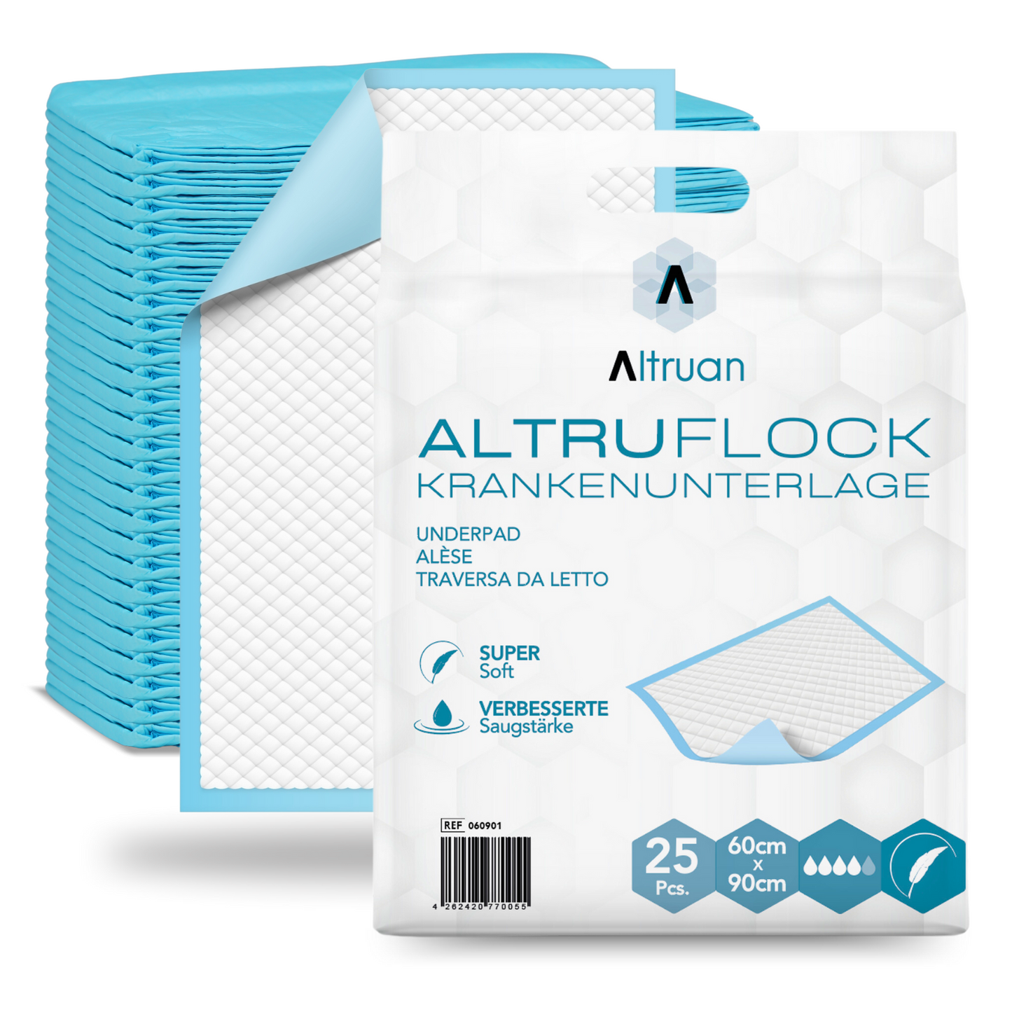 The illustration shows a package of Altruan Altruflock® bed protection pads 60 x 90cm Supersoft Extremely Absorbent | Package (25 pieces). The packaging is predominantly white with blue accents and contains multilingual texts as well as images of the hospital pads.