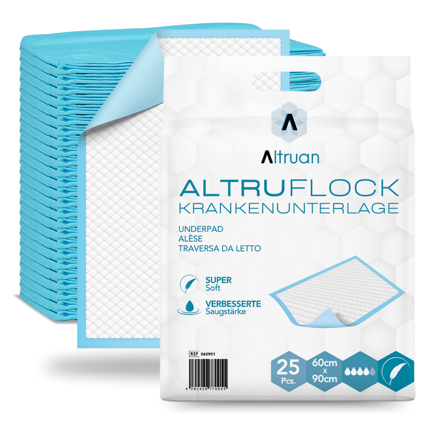 Die Abbildung zeigt eine Packung Altruan Altruflock® Bettschutzunterlagen 60 x 90cm Supersoft Extrem Saugfähig | Packung (25 Stück). Die Verpackung ist überwiegend weiß mit blauen Akzenten und enthält mehrsprachige Texte sowie Bilder der Krankenunterlagen.