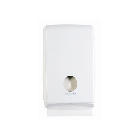 The Aquarius™ Slimfold™ folded towel dispenser from Kimberly-Clark GmbH is a white, wall-mounted towel dispenser with a round opening from which a single towel can be removed from the bottom—perfect for modern spaces.