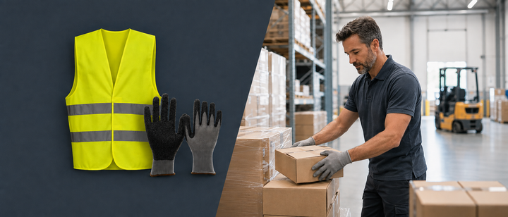 Warnweste und Arbeitshandschuhe, daneben Lagerarbeiter mit Handschuhen beim Packen von Kartons