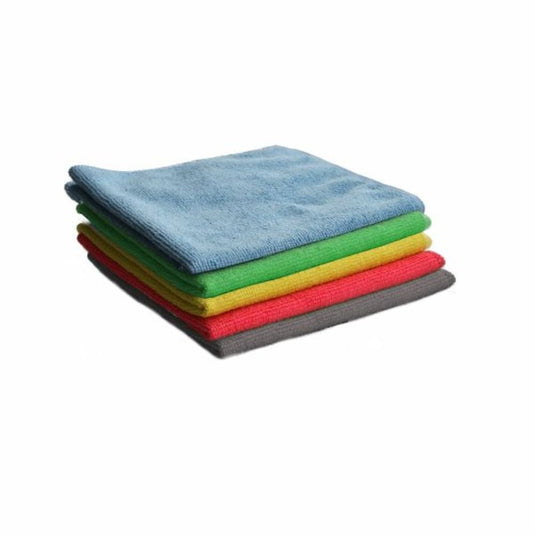 A set of Arcora BASIC-LINE microfiber cloths in blue, green, yellow, and red is neatly arranged against a white background—ideal for routine cleaning.