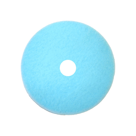 Abgebildet ist ein runder, hellblauer Arcora Ultra-High-Speed Pad Blue-Shine der Arcora International GmbH mit Mittelloch, der für alle Bodenbeschichtungen geeignet ist, auf weißem Hintergrund.