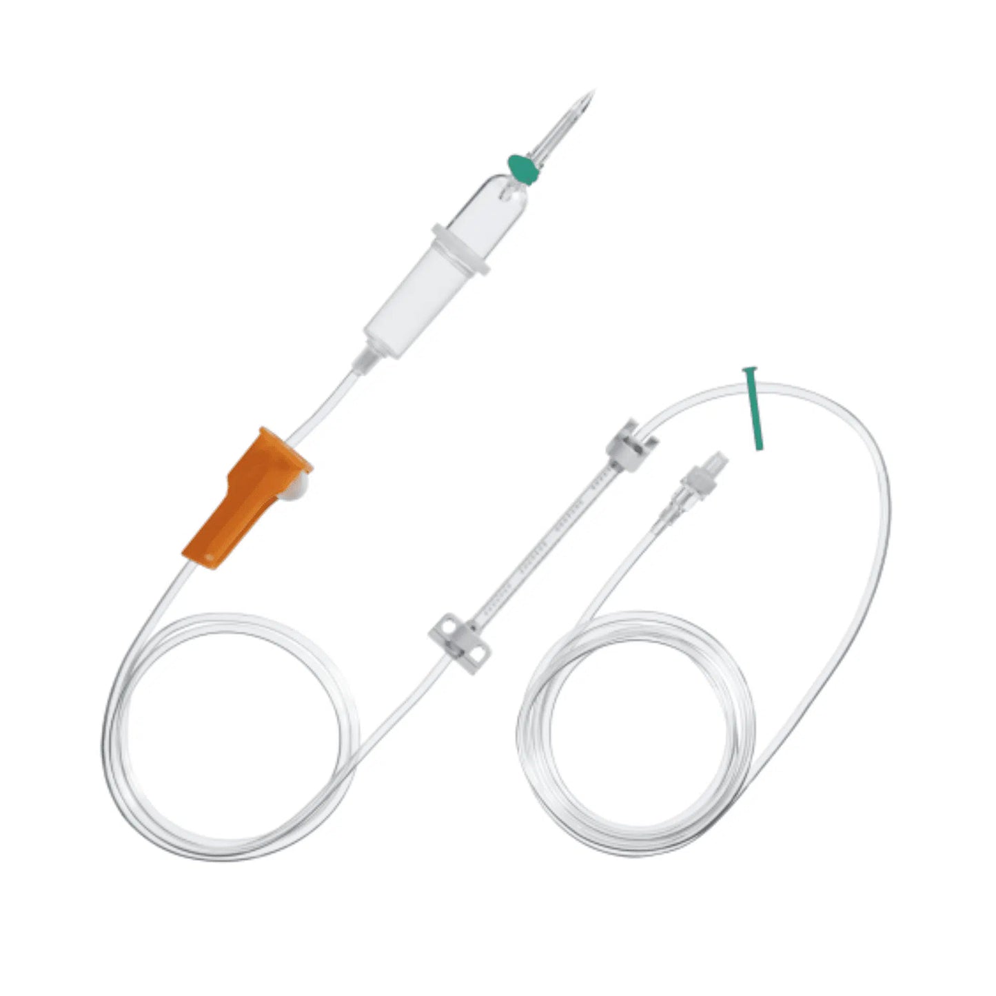 The image shows the B. Braun Infusomat® Space Line SafeSet from B. Braun Germany GmbH & Co. KG, which includes a transparent plastic tube with a flexible extension, an orange flow regulator, and a white drip chamber with Airstop membrane technology. This medical infusion set is typically used for intravenous fluid administration.