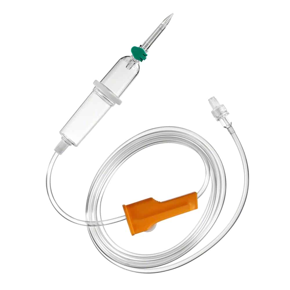 We present the B. Braun Intrafix® Primeline infusion set from B. Braun Deutschland GmbH & Co. KG, an intravenous (IV) infusion set with bacterial filter ventilation and a transparent tube with spike chamber for fluid delivery. It features an orange flow regulator, which is essential for pressure infusions, and ends with a Luer-lock connection, ensuring efficiency and reliability with every use.