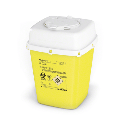 A B. Braun Medibox® needle disposal, a yellow needle disposal container with a white lid, is designated for safe medical disposal. It is equipped with hazard warnings and a text indicating that it has a capacity of 5.2 liters, making it ideal for disposing of needles and other sharp medical waste.