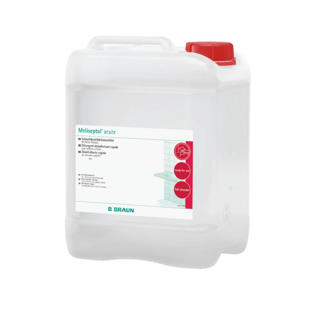 Ein 5-Liter-Gebinde B. Braun Meliseptol® akut Flächendesinfektion der B. Braun Melsungen AG mit roter Kappe. Das Etikett auf dem Gebinde zeigt Anwendungshinweise und Produktinformationen in mehreren Sprachen und ist somit optimal für Flächendesinfektionsmittel auf alkoholbeständigen Oberflächen geeignet.