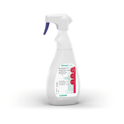 The B. Braun Meliseptol® acute surface disinfectant is delivered in a white spray bottle that features a blue-red label with text and graphics, including the inscription “comprehensively virucidal.” It is equipped with a blue-white spray nozzle and is specially designed for surface disinfectants, making it suitable for alcohol-resistant surfaces. The brand name B. Braun Deutschland GmbH & Co. KG is clearly visible at the bottom of the label.