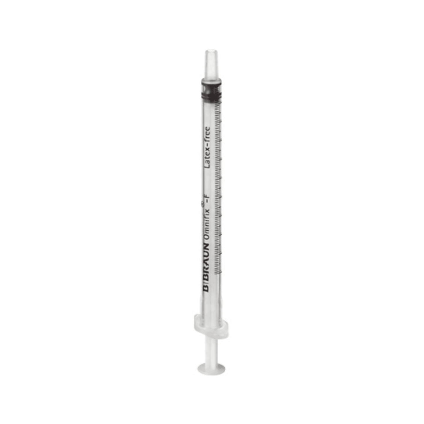 A single, transparent B. Braun Omnifix®-F fine dosing syringe with a black rubber stopper and measurement markings on the side. The polypropylene syringe barrel stands upright against a white background.