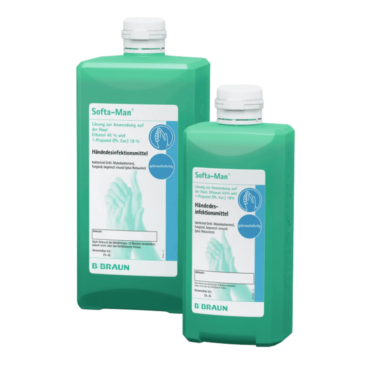 Two green bottles of B. Braun Softa-Man® hand sanitizer are displayed, labeled with German text. Each bottle has a white cap and a blue-white label with an illustration of hands. The brand name “B. Braun Deutschland GmbH & Co. KG” is clearly visible at the bottom, emphasizing the company’s commitment to skin compatibility.