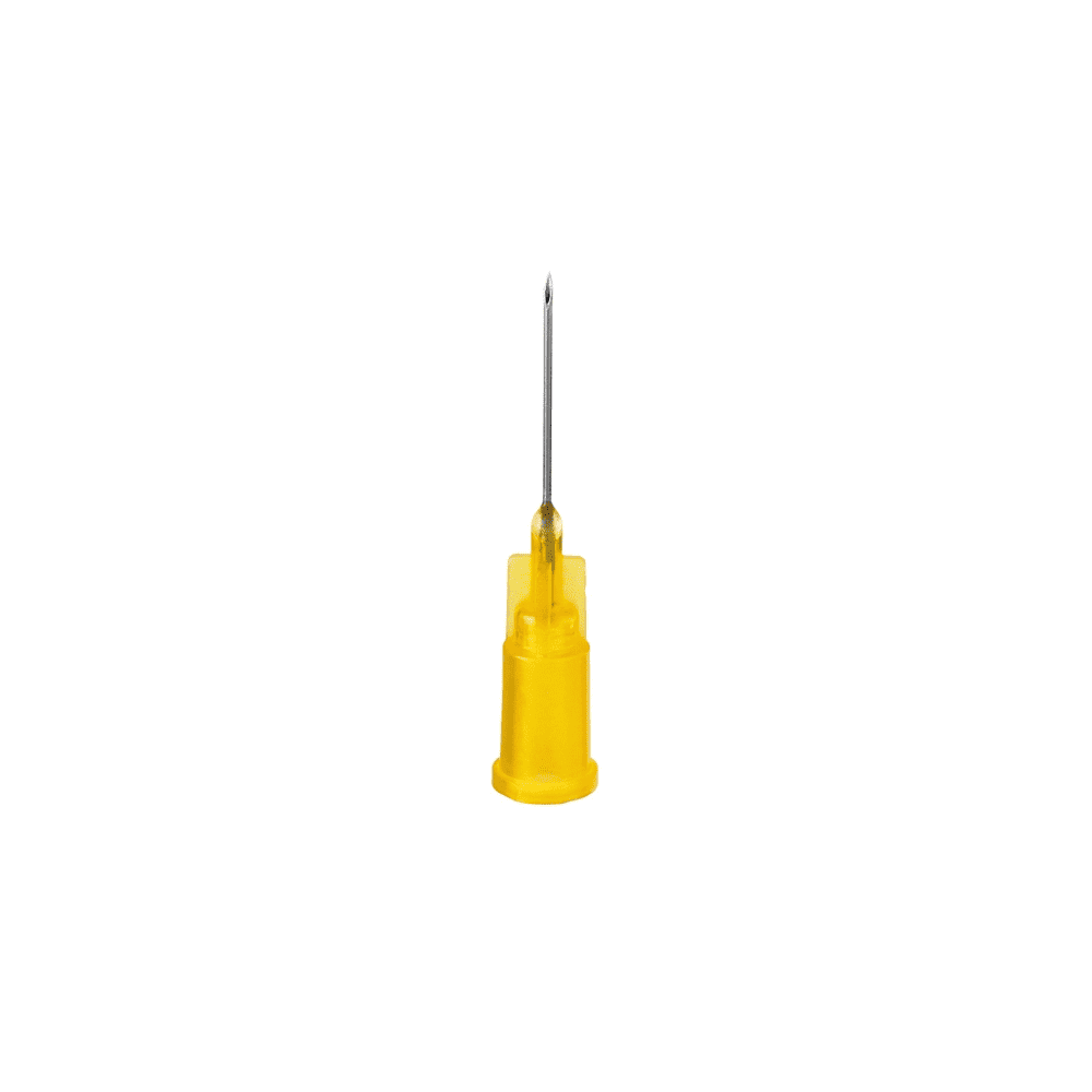 A detailed view of a single B. Braun Sterican® needle for heparin, tuberculin syringe needle with a yellow plastic base against a plain white background.