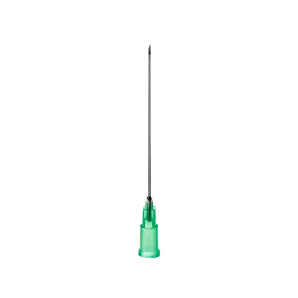 A B. Braun Sterican® cannula with a green hub made of chrome-nickel steel stands upright against a white background and is intended for precise intramuscular application.