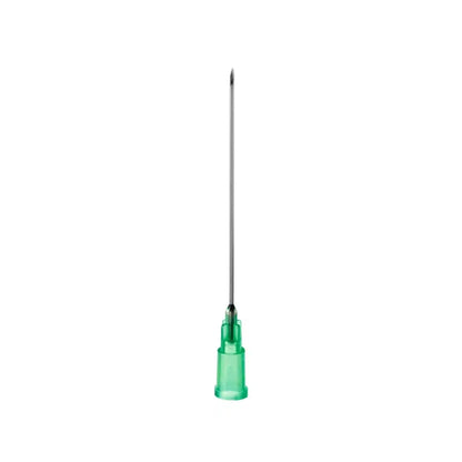 A B. Braun Sterican® cannula with a green hub made of chrome-nickel steel stands upright against a white background and is intended for precise intramuscular application.