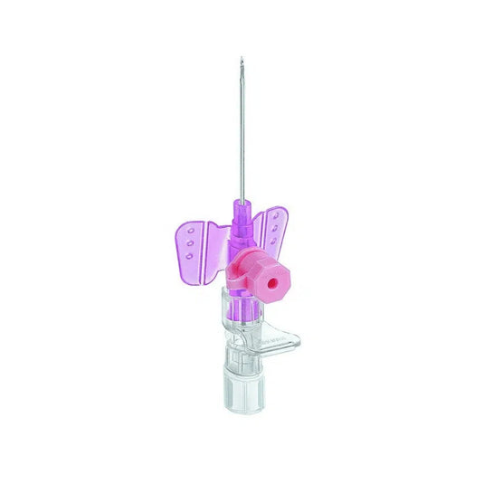 The B. Braun Vasofix® Safety PUR Braunüle® IV cannulas, manufactured by B. Braun Germany GmbH & Co. KG, are a medical device for intravenous access during procedures. They feature a purple wing design with a sharp metal tip and transparent plastic body, complete with a protective cap and flexible wings for enhanced stability during insertion and can be seamlessly integrated into a Luer-Lock system.