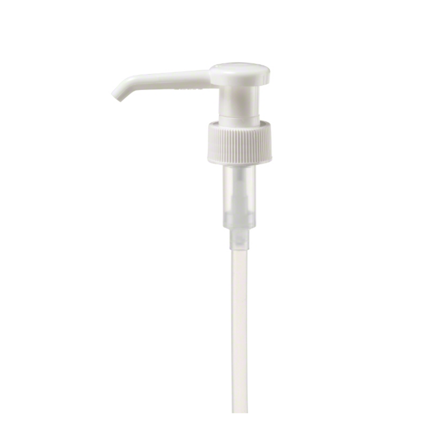 The B. Braun dosing pump for 1-liter bottles from B. Braun Deutschland GmbH & Co. KG is a white plastic dispenser with a ribbed handle, narrow spout, and transparent tube for hygienic use against a plain white background.