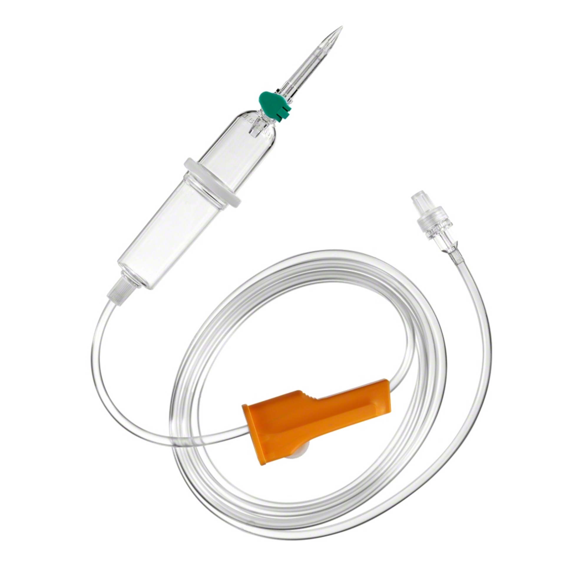 Ein intravenöses (IV) Infusionsset, wie das B.Braun Intrafix® Primeline, Primestop, mit Rückschlagventil, Standard-Infusionsgerät, 180 cm | Packung (1 Stück), ist auf weißem Hintergrund abgebildet. Das Infusionsgerät der B. Braun Melsungen AG umfasst eine durchsichtige Tropfkammer aus Kunststoff mit einer grünen Kappe an einem Ende, durchsichtige Schläuche und eine orangefarbene Rollenklemme zur Durchflusskontrolle. Darüber hinaus verfügt es zur Sicherheit über ein Rückschlagventil.