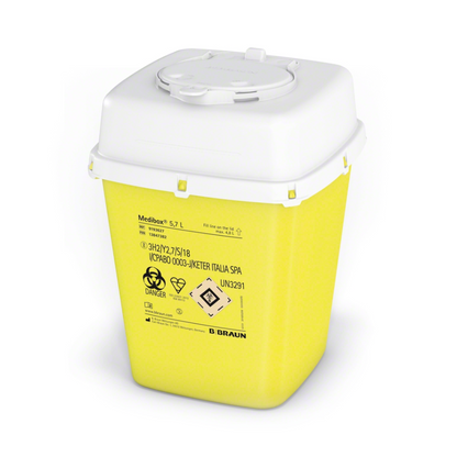 Pictured is a yellow B. Braun Medibox® needle disposal from B. Braun Deutschland GmbH & Co. KG with a white lid. This needle disposal container for medical syringes is labeled to indicate hazardous waste and has a capacity of 5.7 liters, ensuring the safe disposal of used needles.