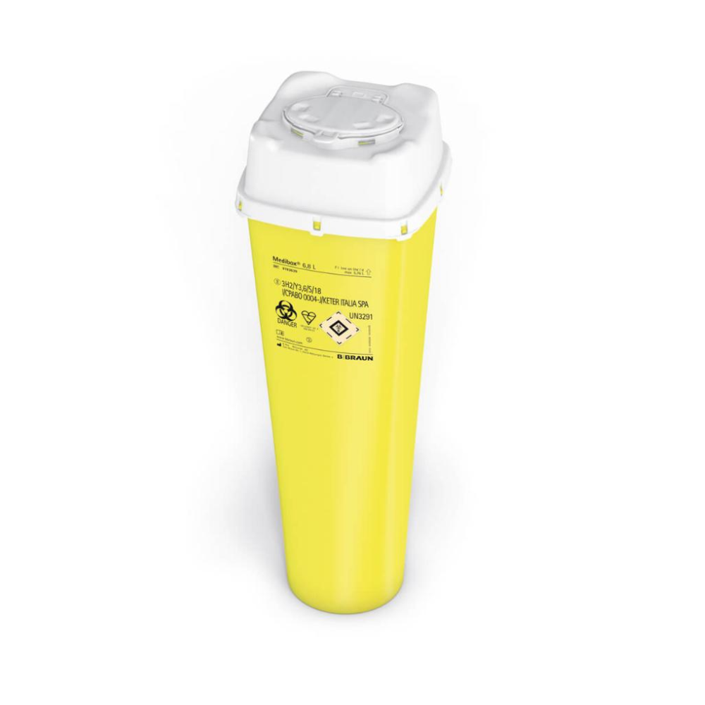 The B. Braun Medibox® needle disposal from B. Braun Deutschland GmbH & Co. KG is a yellow container for medical waste disposal with a white lid, safety labels, and logo. It is specifically designed for the safe disposal of needles and other sharp objects. Its long, cylindrical shape makes it ideal for clinical environments in medical waste disposal.
