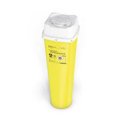 The B. Braun Medibox® needle disposal from B. Braun Deutschland GmbH & Co. KG is a yellow container for medical waste disposal with a white lid, safety labels, and logo. It is specifically designed for the safe disposal of needles and other sharp objects. Its long, cylindrical shape makes it ideal for clinical environments in medical waste disposal.