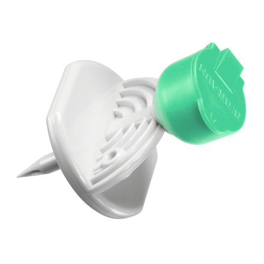 A B. Braun Mini-Spike® thumbtack from B. Braun Deutschland GmbH & Co. KG, featuring a green-and-white plastic design with a flat, round top and a pointed end; the bottom is designed to prevent it from penetrating surfaces too deeply.