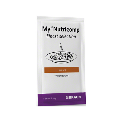 A bag of B. Braun My Nutricomp Finest Selection spice mix "Goulash - Spice Mix" from B. Braun Deutschland GmbH & Co. KG features a predominantly white packaging with black text and the image of a steaming bowl, reminiscent of culinary creations by Alfons Schuhbeck.