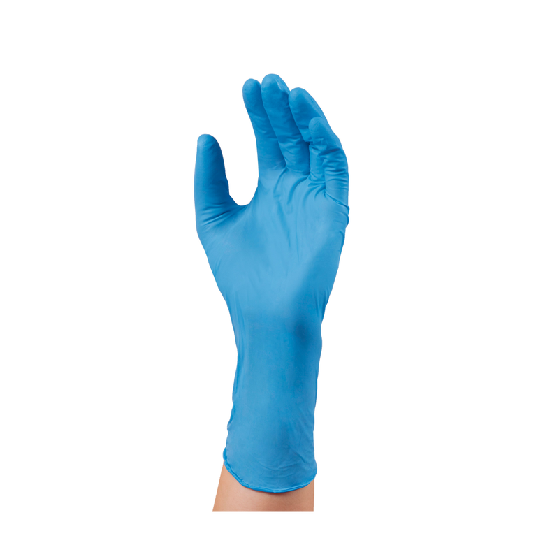 A human hand wearing a B. Braun Peha-soft® Nitrile Guard disposable glove, with slightly bent fingers in a pinching motion, isolated on a white background.