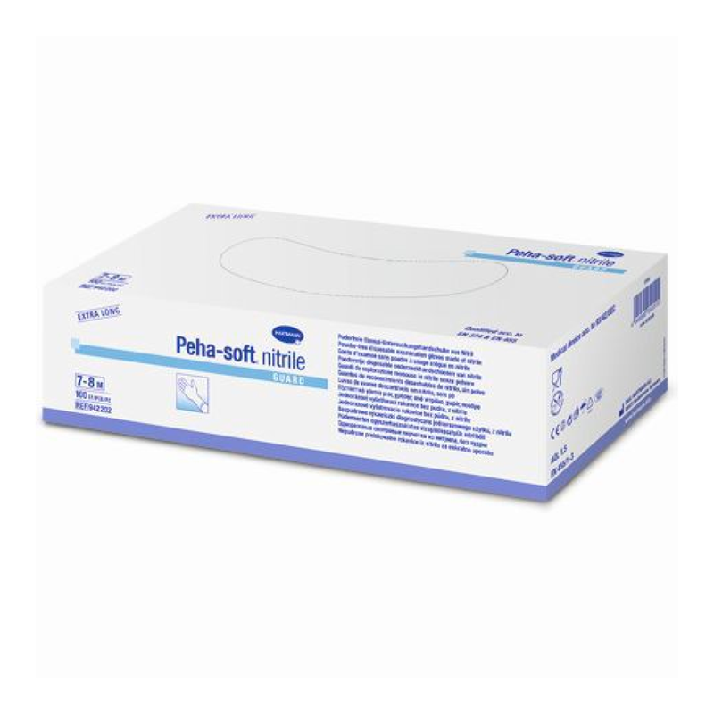 A box of B. Braun Peha-soft® Nitrile Guard disposable gloves, size 7-8 Medium, against a white background. The box is mainly white and blue and contains text with detailed product features from Paul Hartmann AG.