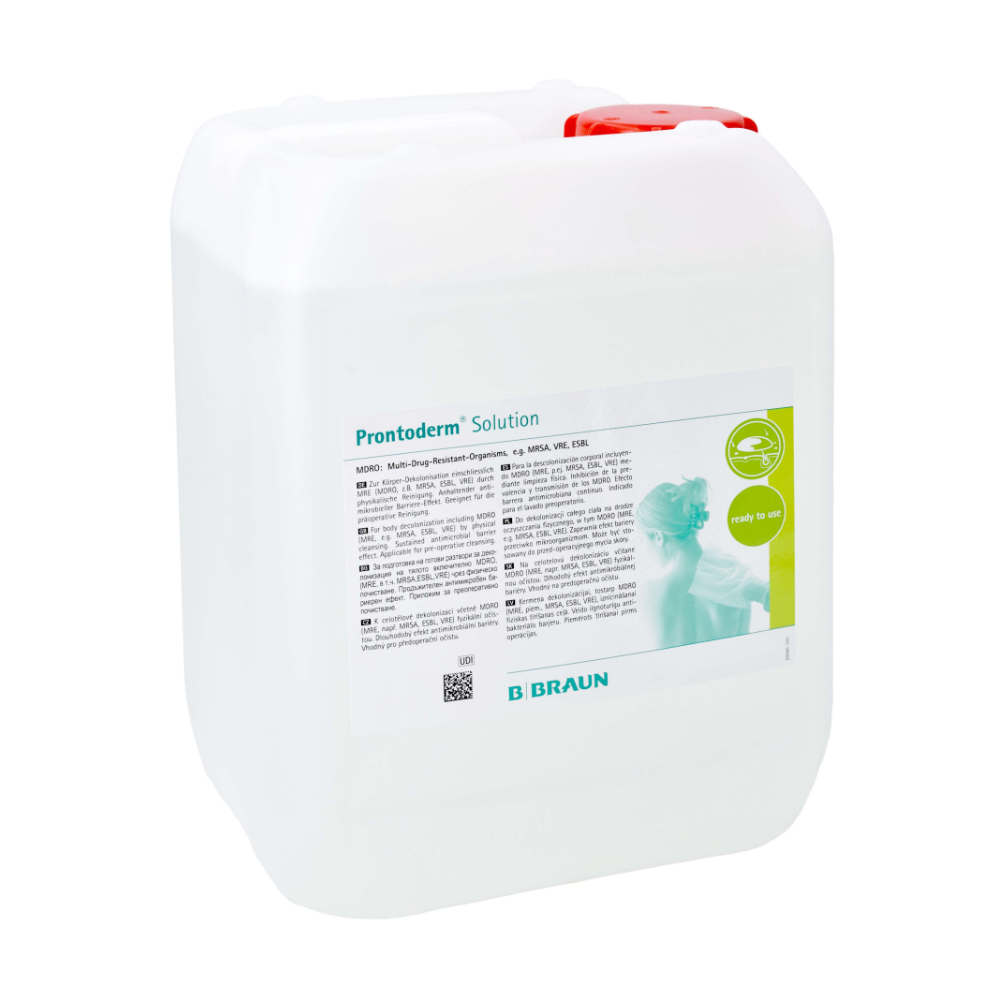 Ein geräumiger weißer Behälter mit Tragegriff, in dem sich „B.Braun Prontoderm® Lösung zur MRE-Dekolonisation von Haut und Schleimhaut“ von B. Braun Deutschland GmbH & Co. KG befindet, sorgt für hervorragende Hautverträglichkeit. Das Etikett enthält einen kleinen Text und ein grünes Logo sowie ein Bild einer Person. Der speziell für die MRE-Dekolonisation entwickelte Behälter ist mit einer roten Kappe sicher verschlossen.