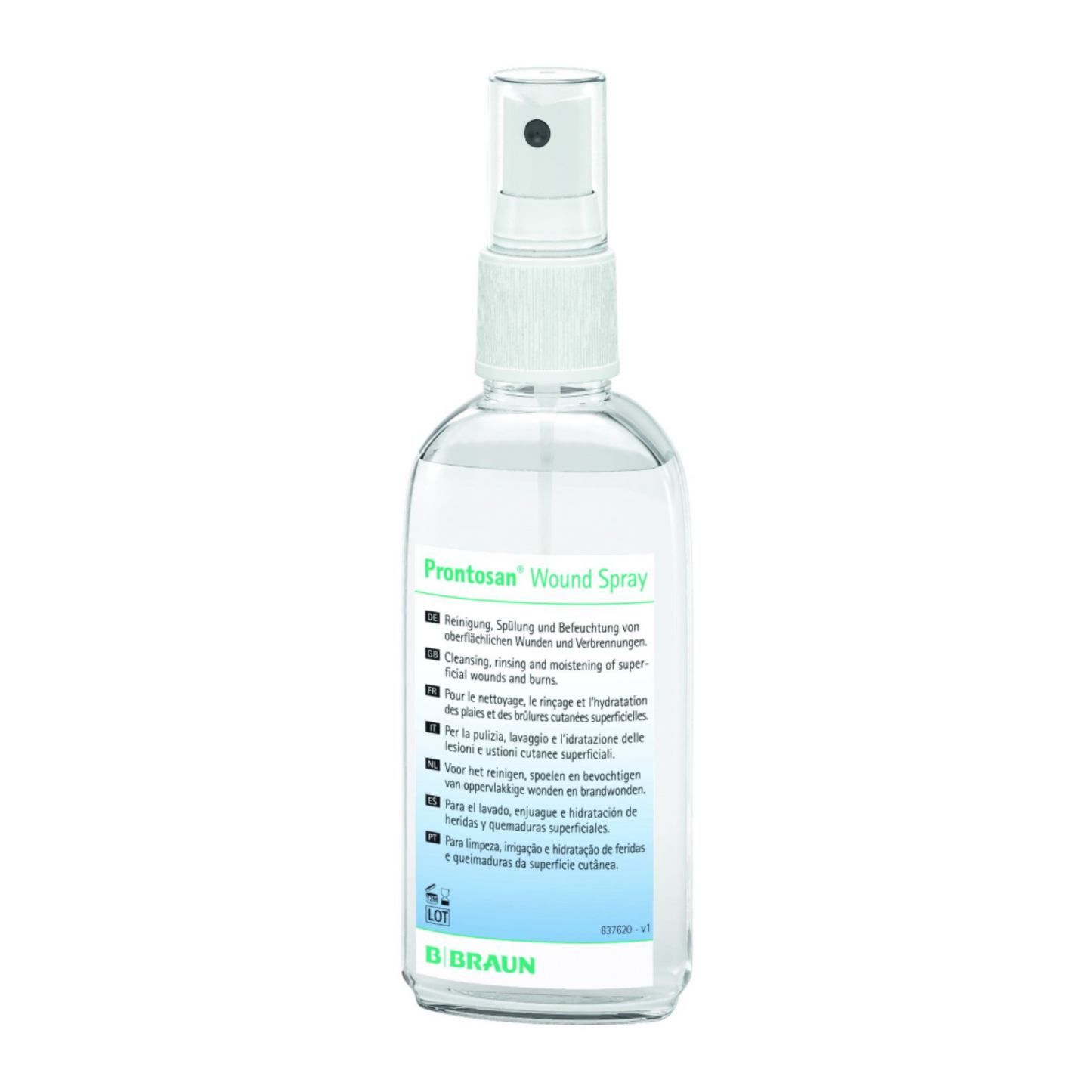Pictured is a 75 ml bottle of B. Braun Prontosan® wound spray. The transparent bottle with a white cap and spout has a multilingual label describing the application possibilities for effective wound cleaning, rinsing, and moisturizing to reduce scarring. Brand: B. Braun Deutschland GmbH & Co. KG.