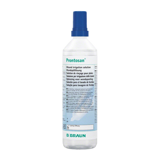 Eine Flasche B. Braun Prontosan® Wundspüllösung von B. Braun Melsungen AG, gekennzeichnet mit der Reinigung von Wunden und der Reduzierung des Infektionsrisikos, mit Text in mehreren Sprachen und einem blau-weißen Farbschema