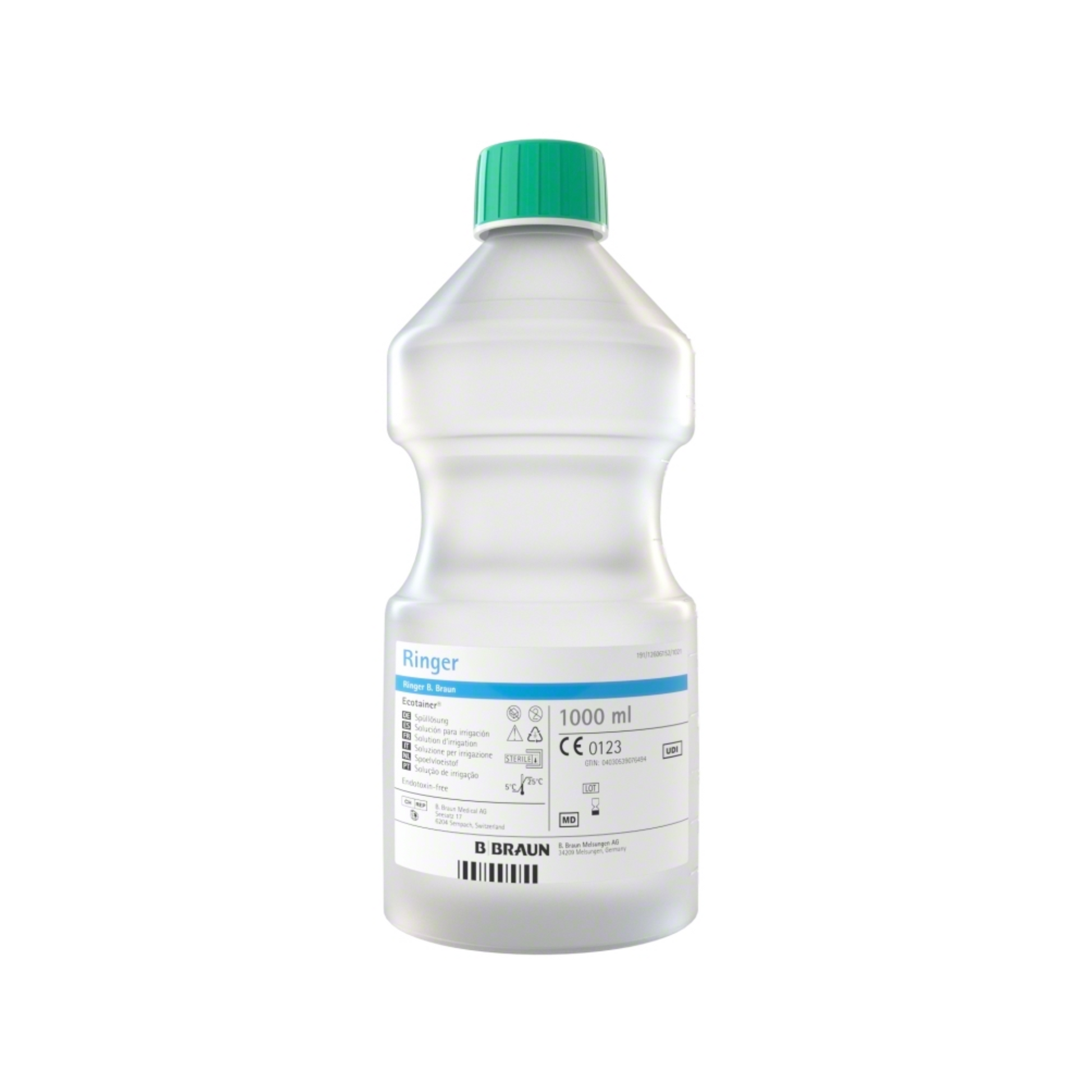 Abgebildet ist eine durchsichtige Plastikflasche mit grünem Verschluss, die 1000 ml B. Braun Ringer Ecotainer® Topische Spüllösung enthält. Das Etikett der Ecotainer-Flasche enthält Text, Symbole und einen Strichcode. Der Markenname „B. Braun Melsungen AG“ ist unten auf dem Etikett aufgedruckt.