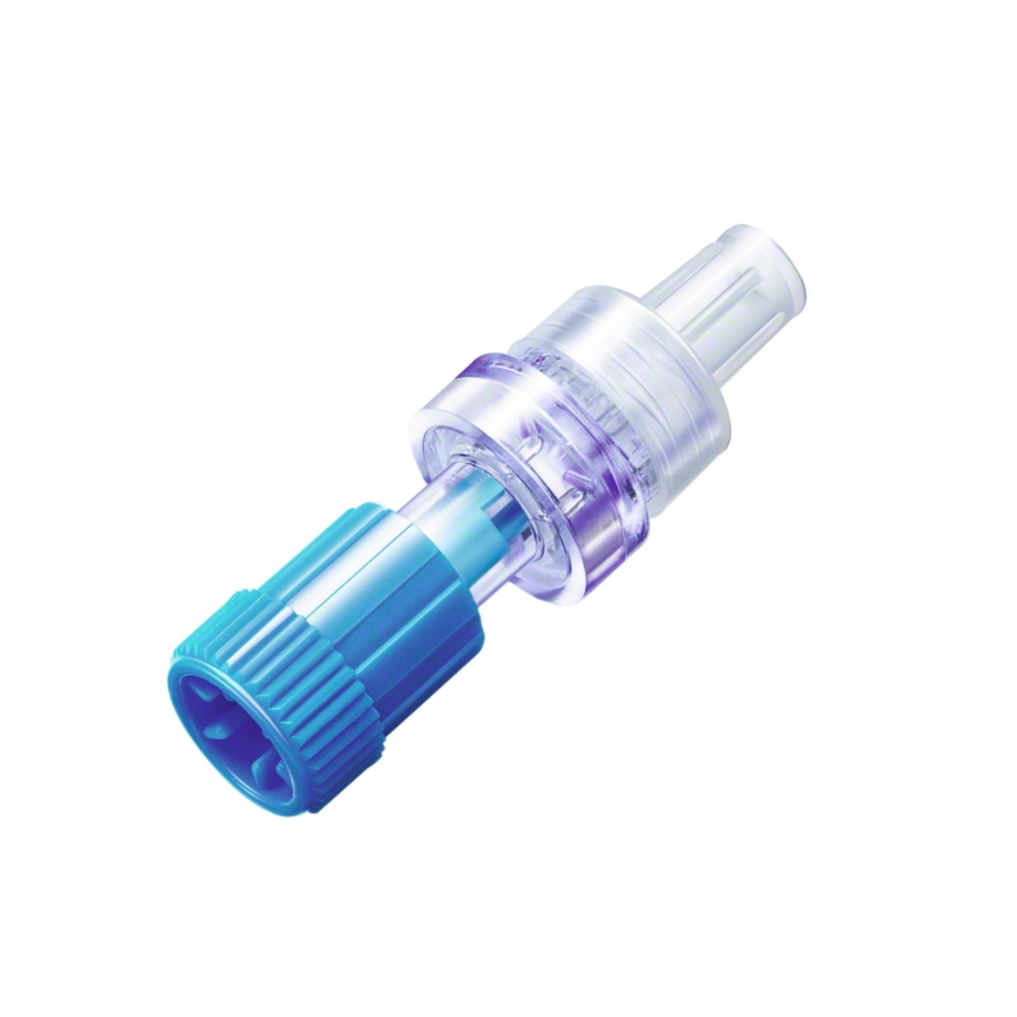 The B. Braun Safsite® safety connector for infusion systems, developed by B. Braun Deutschland GmbH & Co. KG, is a transparent and blue connector with a ribbed outer surface and cylindrical shape. It combines a clear plastic section with a blue segment and features a cap-like structure, making it an exemplary safety connector ideal for medical applications.