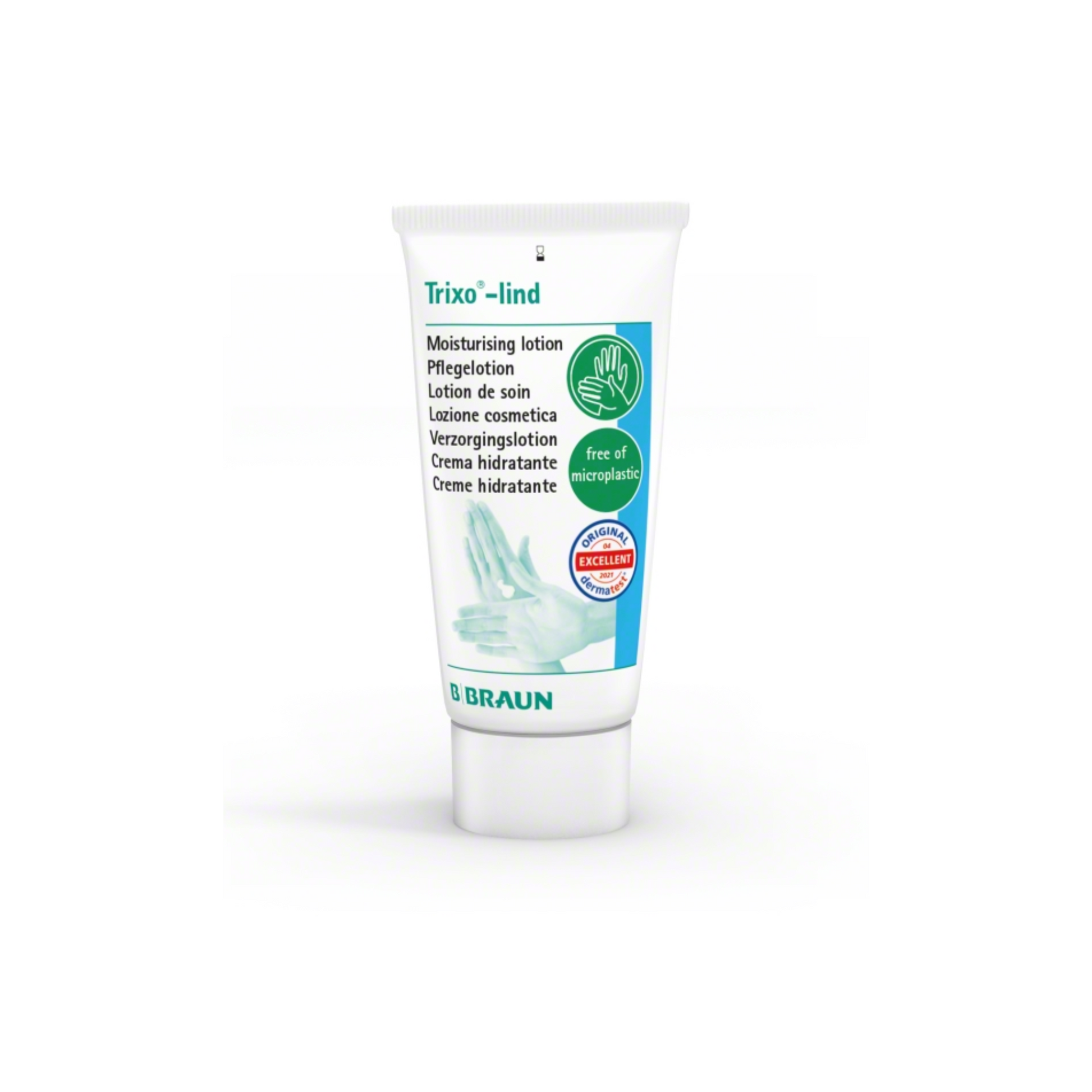 Eine Tube B. Braun Trixo®-lind Pflegelotion der B. Braun Melsungen AG, gekennzeichnet als „frei von Mikroplastik“ und mit einem Bild von Aloe Vera-Blättern mit Text in