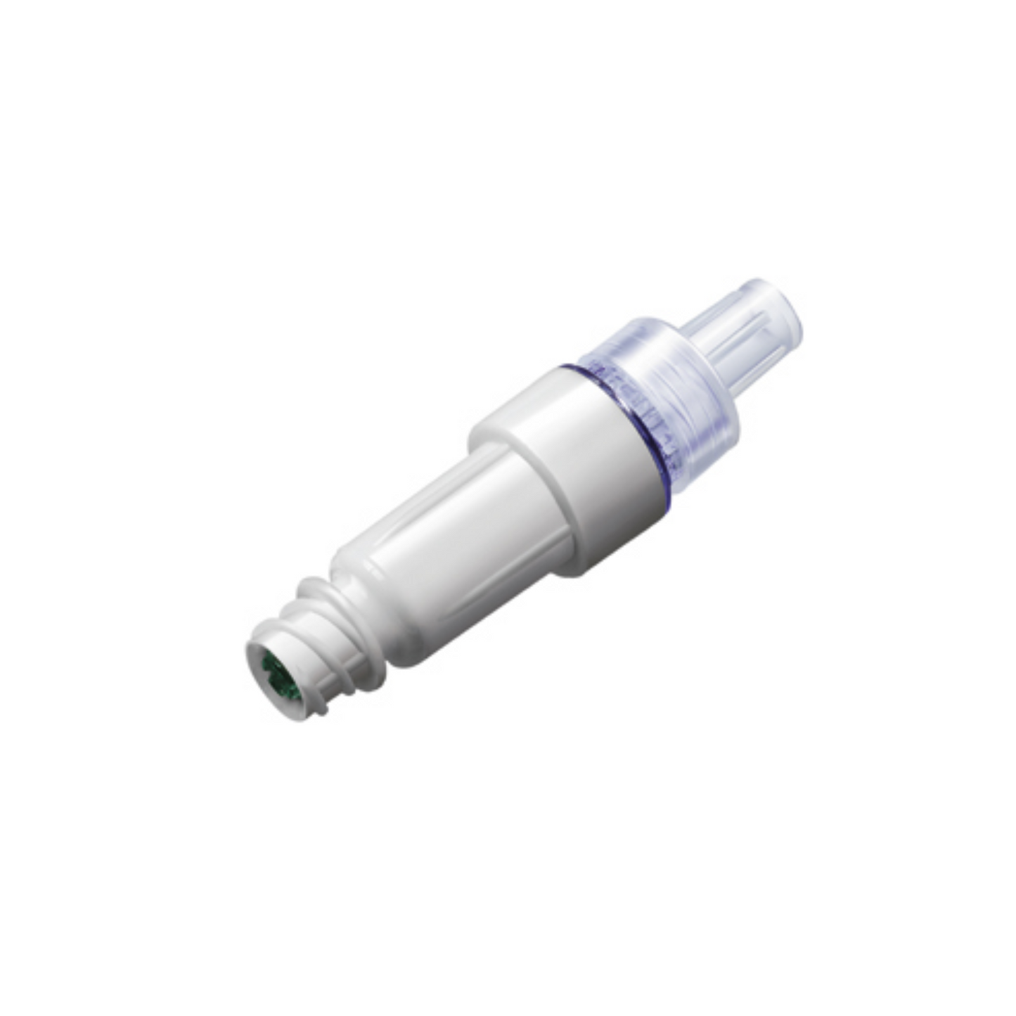 The image shows a white medical connector with a transparent middle section, specifically designed for intravenous applications. It contains the B. Braun Ultrasite® safety valve, a needle-free access point that ensures safe and efficient integration into modern infusion systems and is provided by B. Braun Deutschland GmbH & Co. KG.