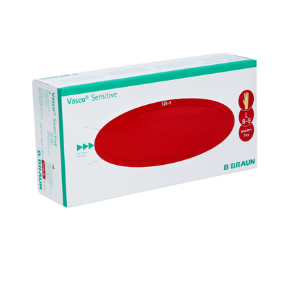 The image shows a white box of Vasco® Sensitive Latex Examination Gloves by B. Braun Deutschland GmbH & Co. KG. It features a red oval with symbols for glove size L/8-9 and indicates that the gloves are free of natural latex.