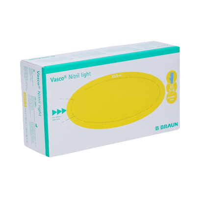 Box of B. Braun Vasco® Nitril light examination gloves, 150 pieces, size XS (5-6), from B. Braun Deutschland GmbH & Co. KG. These nitrile examination gloves are ideal for people with a latex allergy. The packaging is mainly white with green and yellow accents and features a striking yellow oval design on the front.