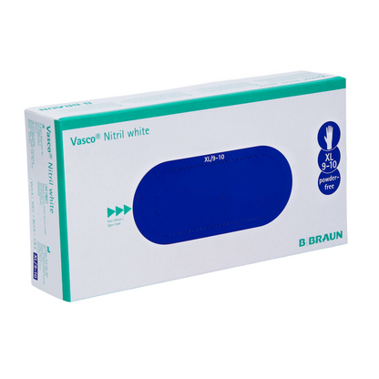 A box of white B. Braun Vasco® nitrile disposable gloves is displayed, labeled as size XL 9-10 and powder-free. The packaging features an elegant design with blue and green text on a white background. The B. Braun logo is prominently placed in the lower right corner, highlighting the latex-free composition.