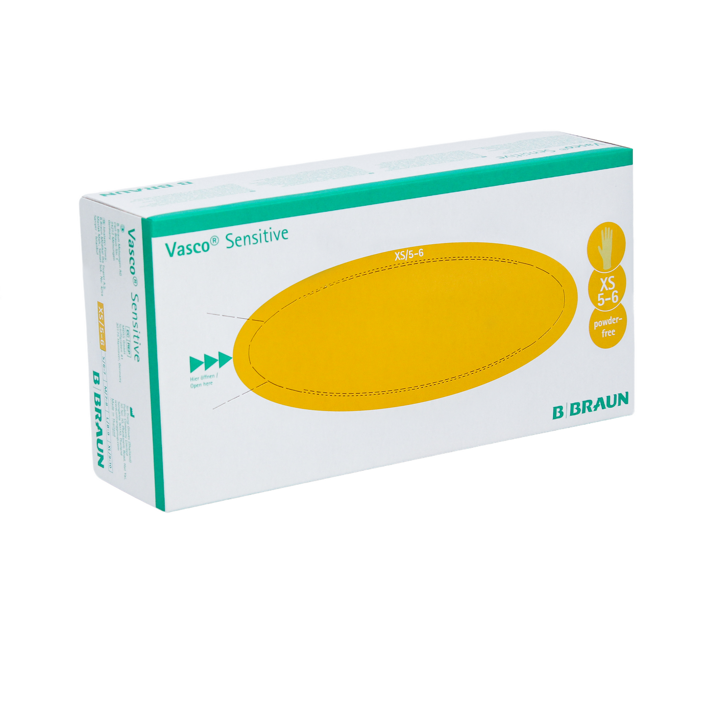 The image shows a box of B. Braun Vasco® Sensitive Latex Examination Gloves, size XS 5-6, by B. Braun Deutschland GmbH & Co. KG. The packaging is white-green with a striking yellow oval highlighting the glove size and details. These natural latex gloves are powder-free, providing more safety and comfort.