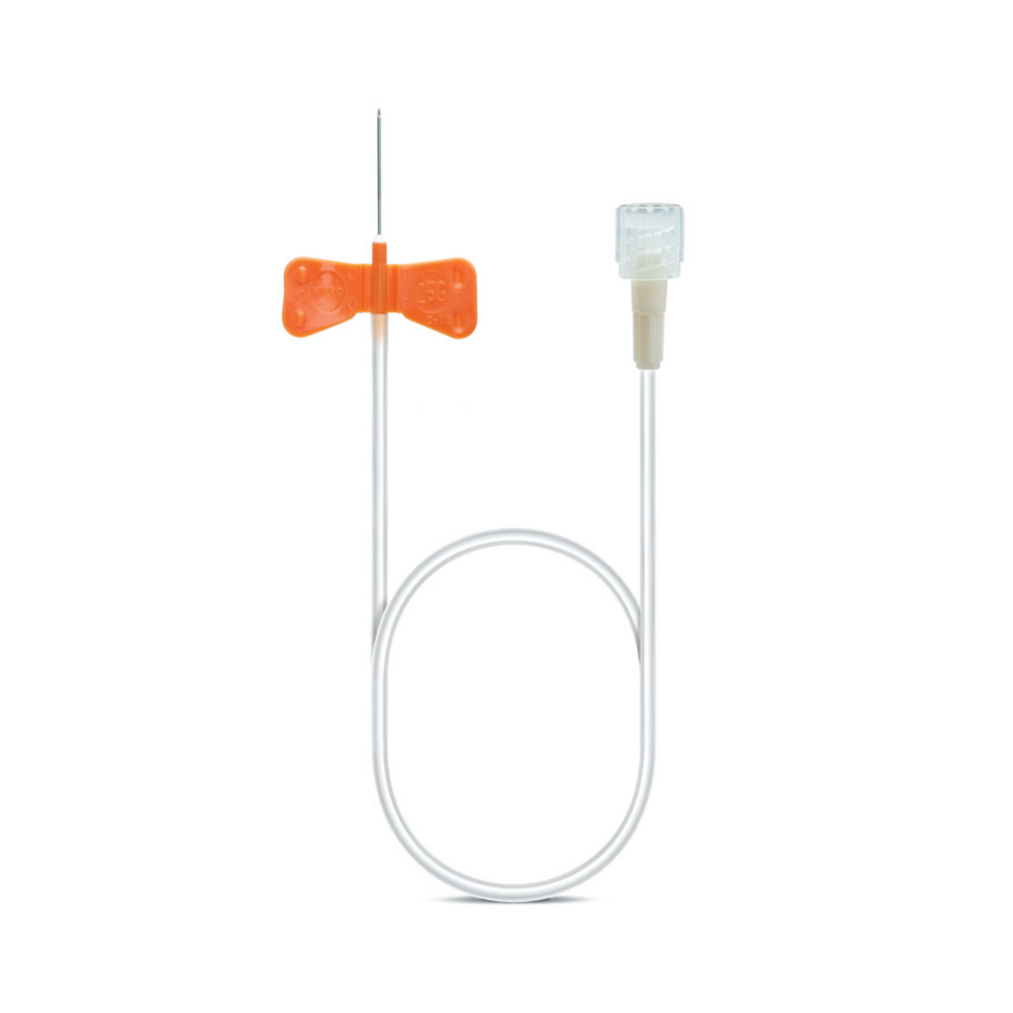 The B. Braun Venofix® A venipuncture set from B. Braun Deutschland GmbH & Co. KG features an orange wing handle made of chrome-nickel steel, attached to a thin, flexible tube and a transparent connector for efficient intravenous access. The device is displayed against a plain white background.