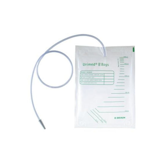 Der B. Braun Urimed® B Bag ist ein 1,5 Liter fassender unsteriler Urinsammelbeutel mit Maßmarkierungen, schlauchförmiger Drainageverlängerung und eindeutiger Beschriftung von B. Braun Deutschland GmbH & Co. KG für die sichere Anwendung.