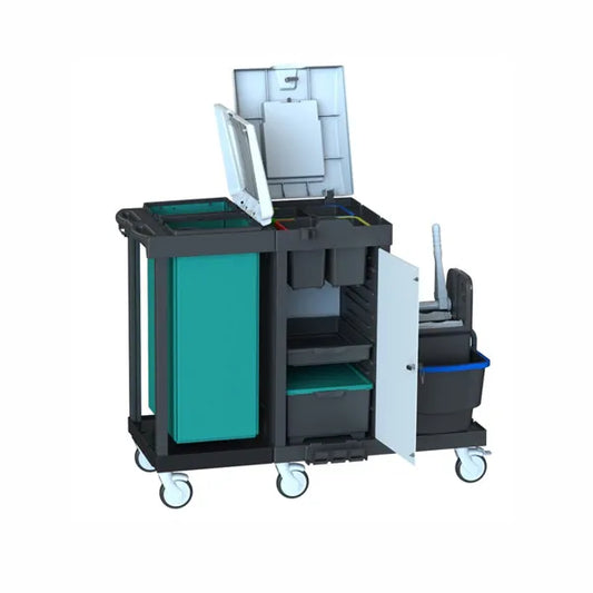 Der Arcora Bora Medical 550 Servicewagen Komplett von Arcora International GmbH ist ein schwarzer und blaugrüner Reinigungswagen mit Fächern, Regalen, Behältern, Mopphalter und Rädern - hier mit offenen Türen/Deckeln zur Aufbewahrung in medizinischen Reinigungsbereichen.