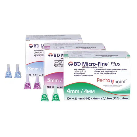 Three boxes of BD Micro-Fine Plus pen needles with Pentapoint technology are available in sizes 4 mm, 5 mm, and 8 mm. Each box contains 100 needles with Pentapoint technology for high comfort. The color-coded packaging is a perfect match for various insulin pens. Brand: BD, Becton Dickinson GmbH.