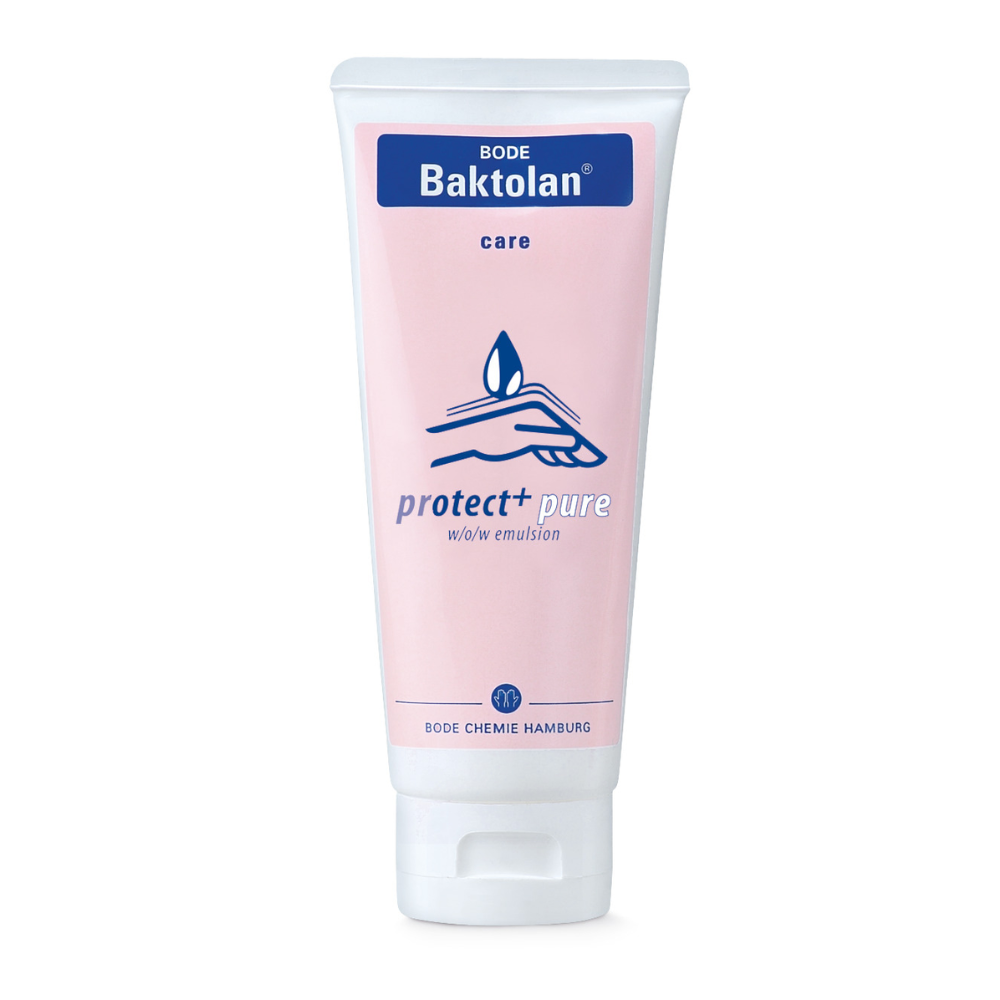 A tube of BODE Baktolan® protect+ pure cream from Paul Hartmann AG with a pink label and blue text, featuring the brand logo and the description "regenerating care w/o emulsion" from B.