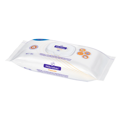 A package of BODE Mikrobac® Tissues surface disinfectant wipes with a flip-top lid. The white packaging is adorned with blue and orange design elements and a text indicating that the product contains 40 wipes from Paul Hartmann AG.