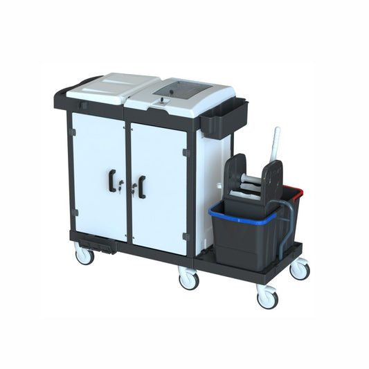 Der Reinigungswagen Arcora Bora Medical 750 X-Line der Arcora International GmbH verfügt über ein Boxensystem, zwei geschlossene Fächer, zwei Ablagefächer mit Deckel und einen Mop-Eimer mit Auswringvorrichtung und seitlichen Ablagegriffen; Maße: 1415 x 600 x 1115 mm.