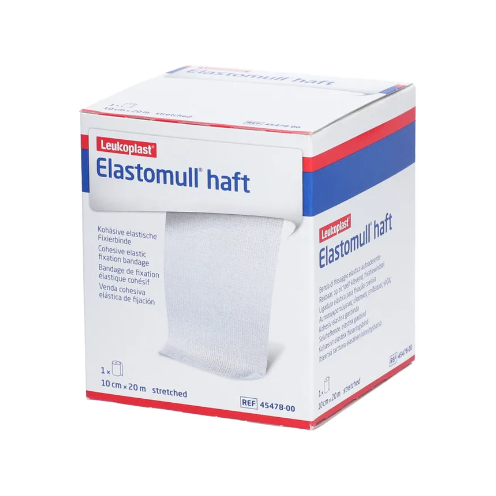 A box of BSN Elastomull® haft, an elastic fixation bandage from BSN Medical GmbH. The box is predominantly white with blue and red accents and displays product details and specifications on the front.